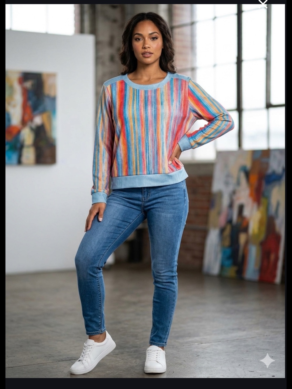 Colorful Vertical Stripe Pullover with Light Blue Trim